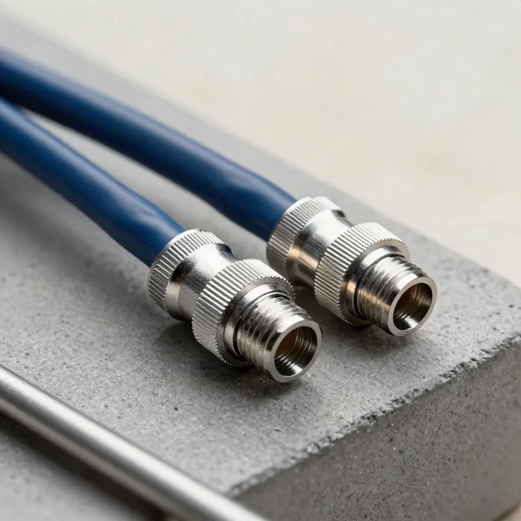 Connettori CNC in alluminio e cavi intrecciati su cemento, luce morbida e accenti blu.