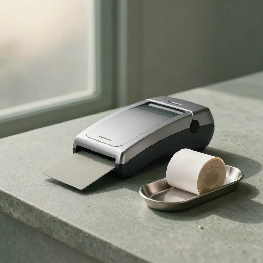 Lettore contactless in alluminio con carta, scontrini e vaschetta monete su pietra verde-grigia.