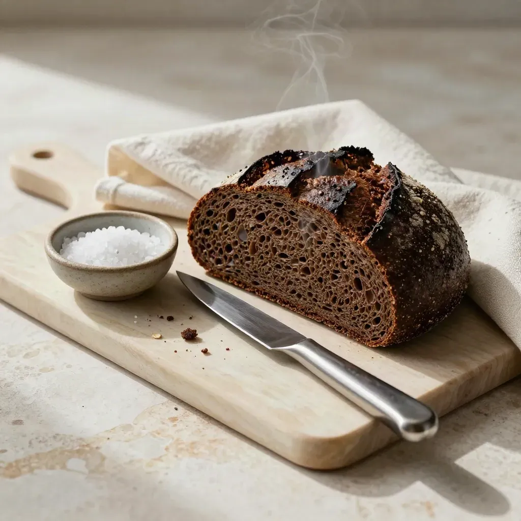 Tagliere di pane scuro, coltello, sale e lino su pietra chiara con vapore leggero.