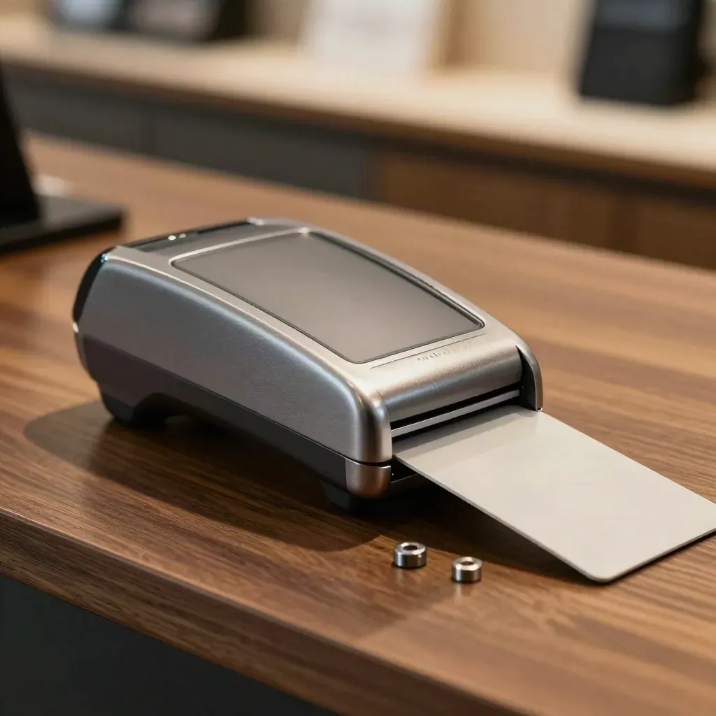 Lettore contactless in metallo satinato con tessera neutra e due distanziali su piano grafite.