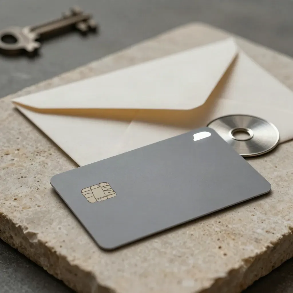 Carta bancaria opaca, busta sigillata e disco metallico su pietra chiara