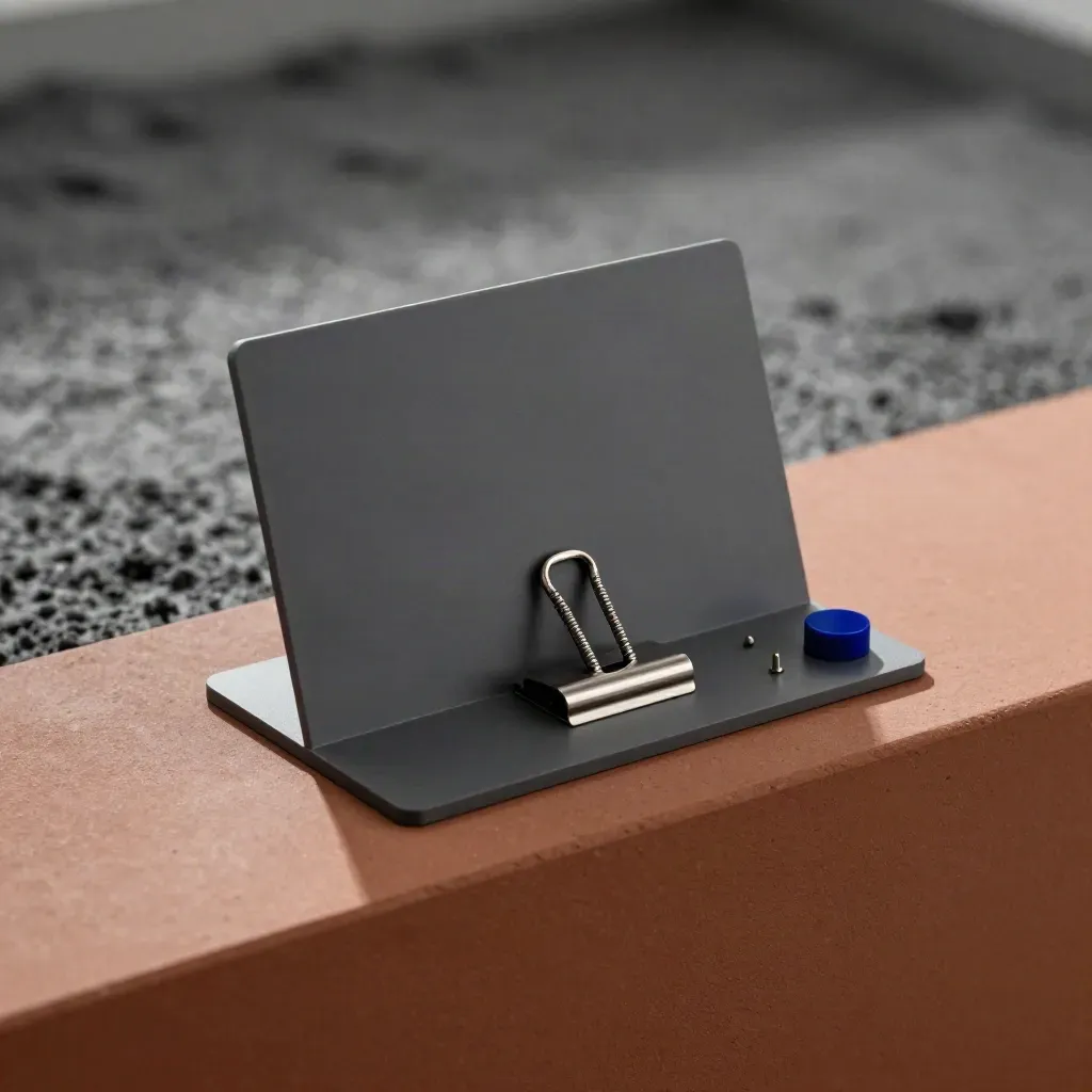 Supporto in acrilico fumé con tessera liscia e clip in acciaio su fondo terracotta.