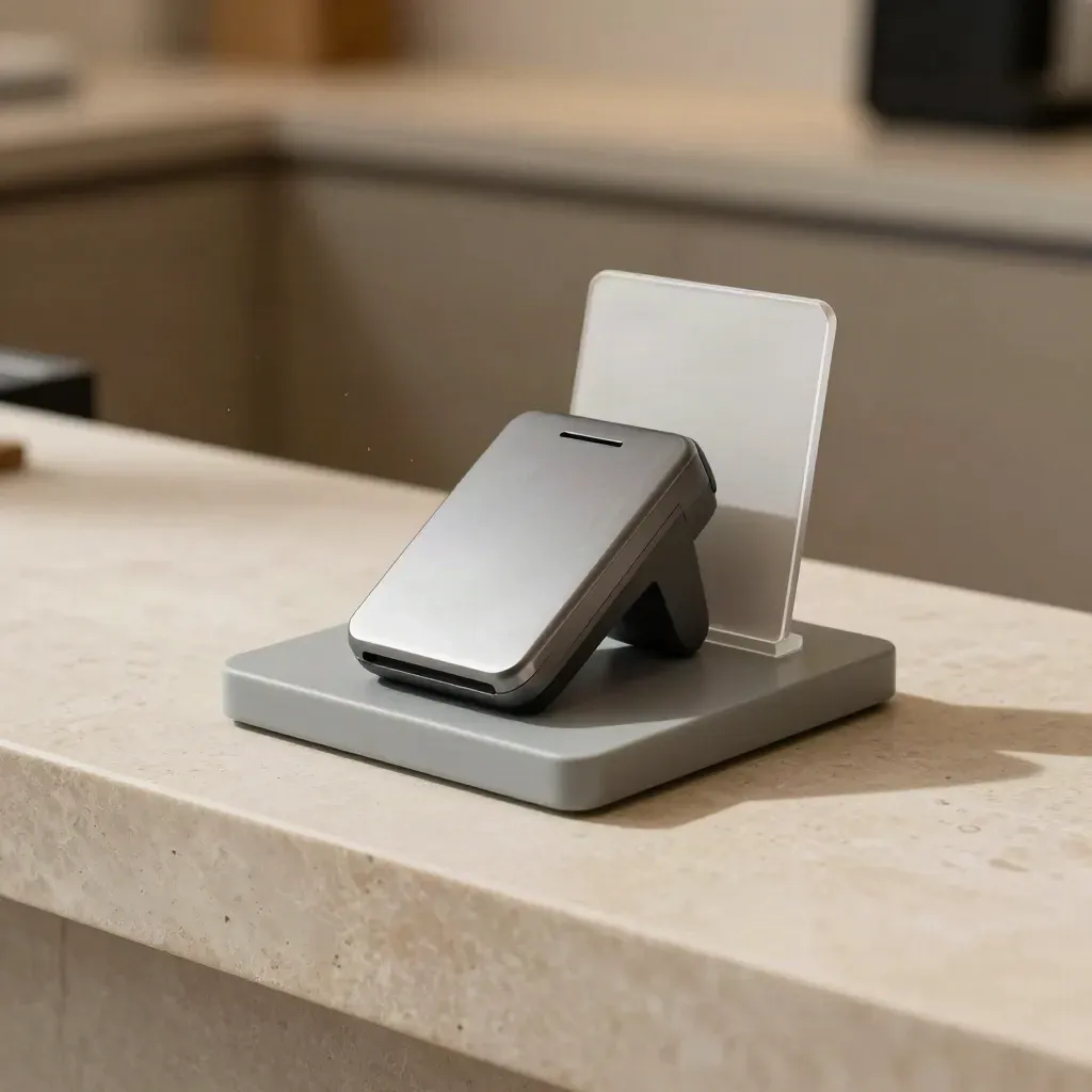 Supporto QR da banco con lettore contactless su base in pietra, in stile premium fintech.