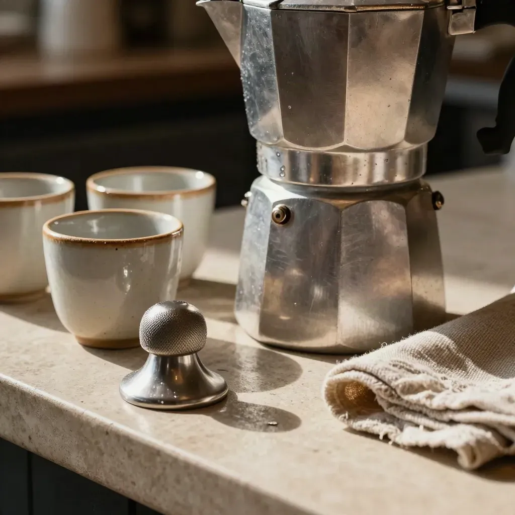 Moka in alluminio, tazze grezze, tamper e lino su pietra chiara, luce morbida