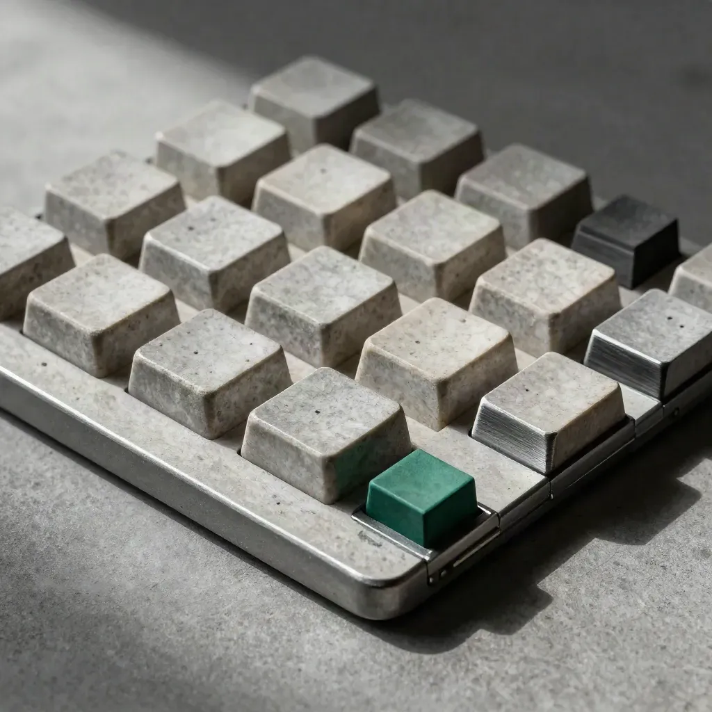 Moduli di pietra, distanziatori in alluminio e cubi gommati in griglia con accento verde smeraldo.